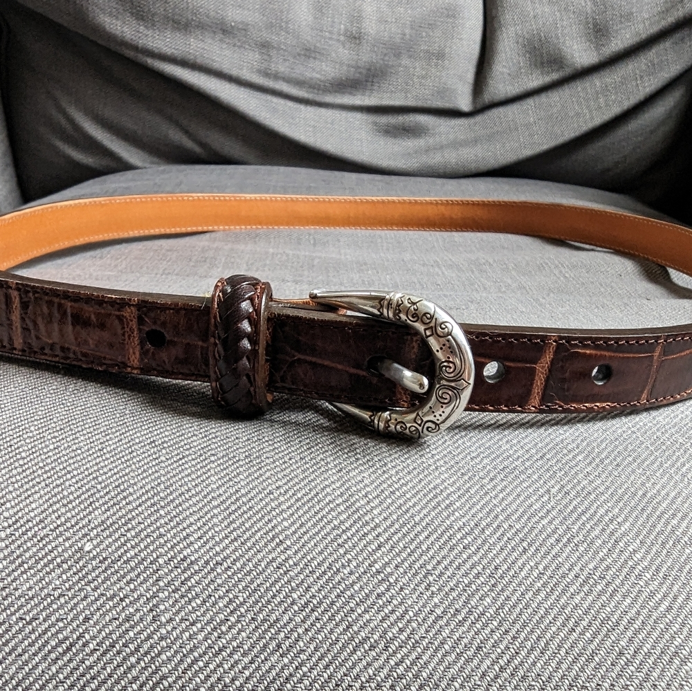 Brighton Croc Embossed Brown Leather Belt w/Leather Lace & Stud Detail 36/XL